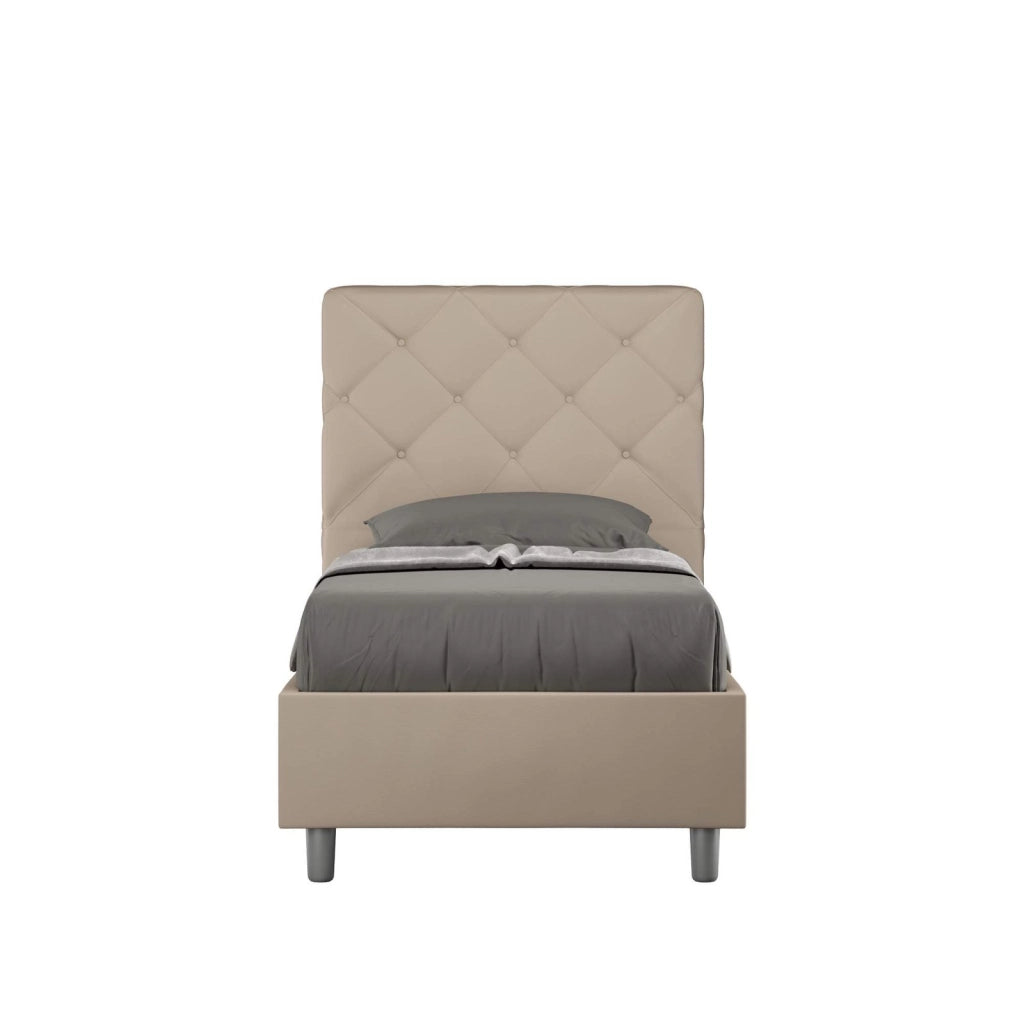 Letto singolo contenitore imbottito 90x200 similpelle tortora Priya