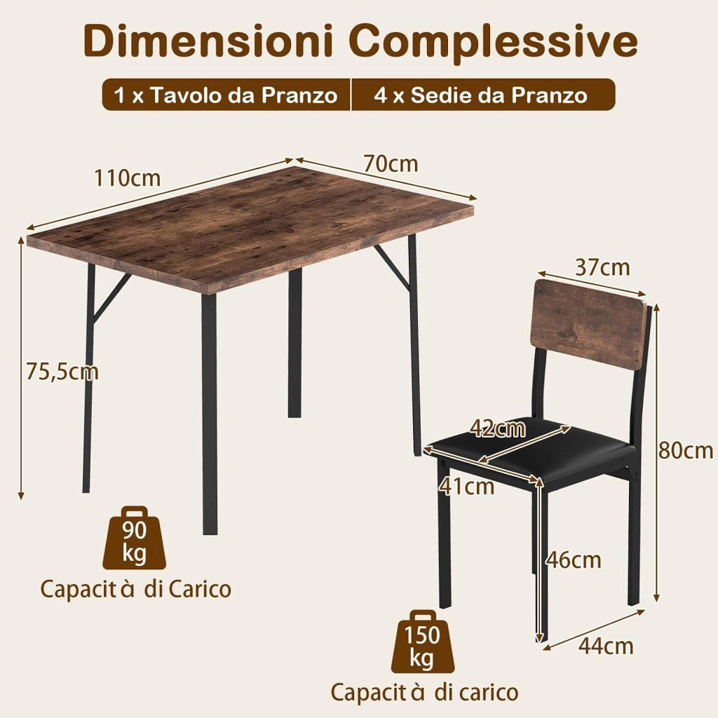 Set da Pranzo 5 Pezzi per 4 Persone, Tavolo da Cucina Industriale e 4 Sedie Imbottite in Pelle Finta con Gambe in Metallo, Set da Pranzo Salvaspazio per Piccoli Appartamenti e Angolo