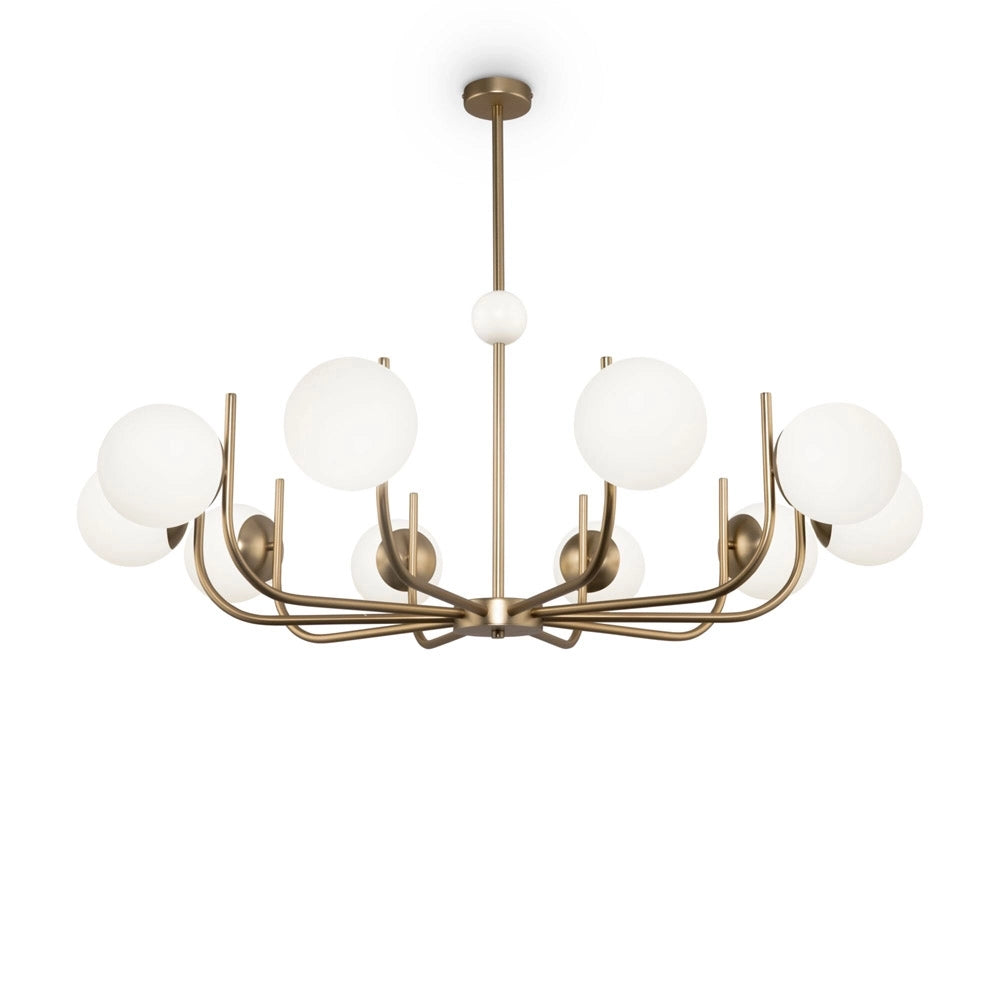 Lampadario Contemporaneo Rendez-Vous Metallo Ottone 10 Luci E Diffusori Bianchi