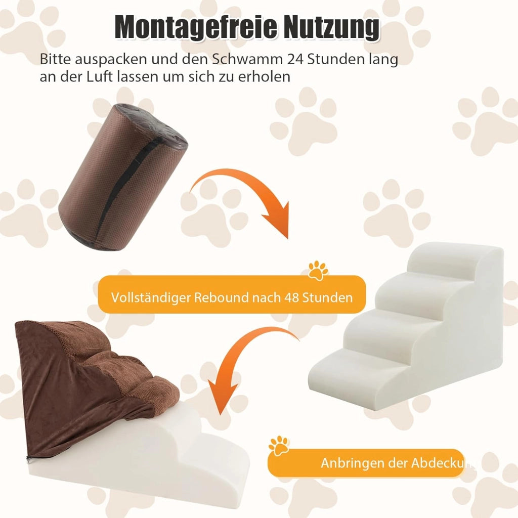 Scaletta per Cani a 4 Gradini in Spugna, Rampa per Animali Copertura Rimovibile e Lavabile Antiscivolo con Spazzola, Scala per Divano e Letto, per Cuccioli e Anziani, 72 x 41 x 51 cm (Marrone)