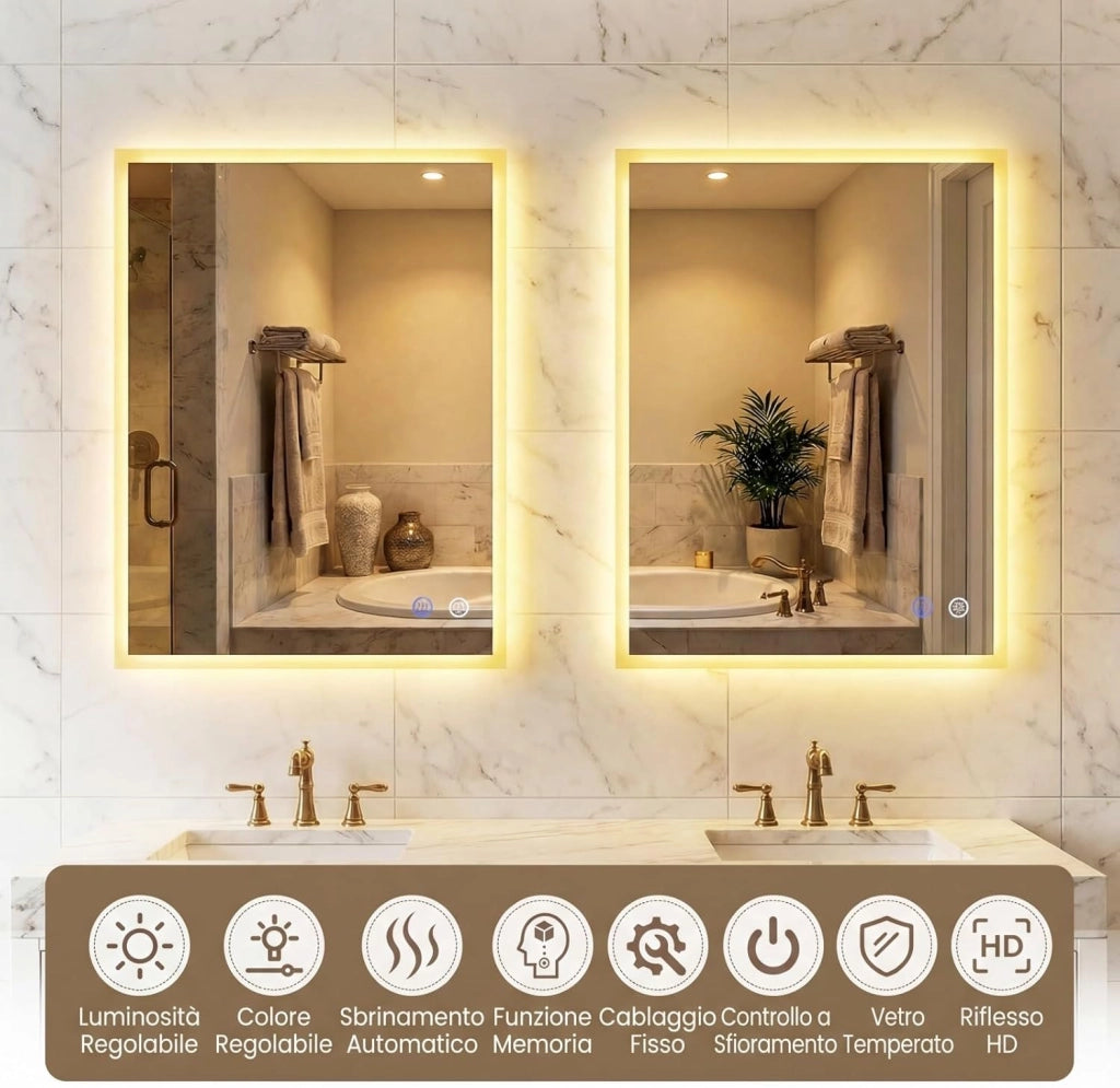 Specchio da Bagno LED 80 x 60 cm, Specchio da Parete Rettangolare con Anti-appannamento, Memoria, 3 Colori di Luce, Dimmerazione Continua e Vetro Temperato Infrangibile (80 x 60 x 3 cm)