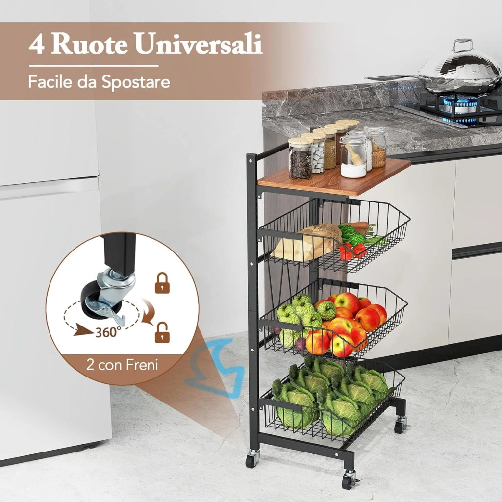 Carrello da Cucina con Ruote, Cestini Portaoggetti per Frutta e Verdura con Cestini Regolabili in Altezza e Rimovibili, Carrello Portafrutta a 4 Piani, Piano in Legno, 40x31x88 cm