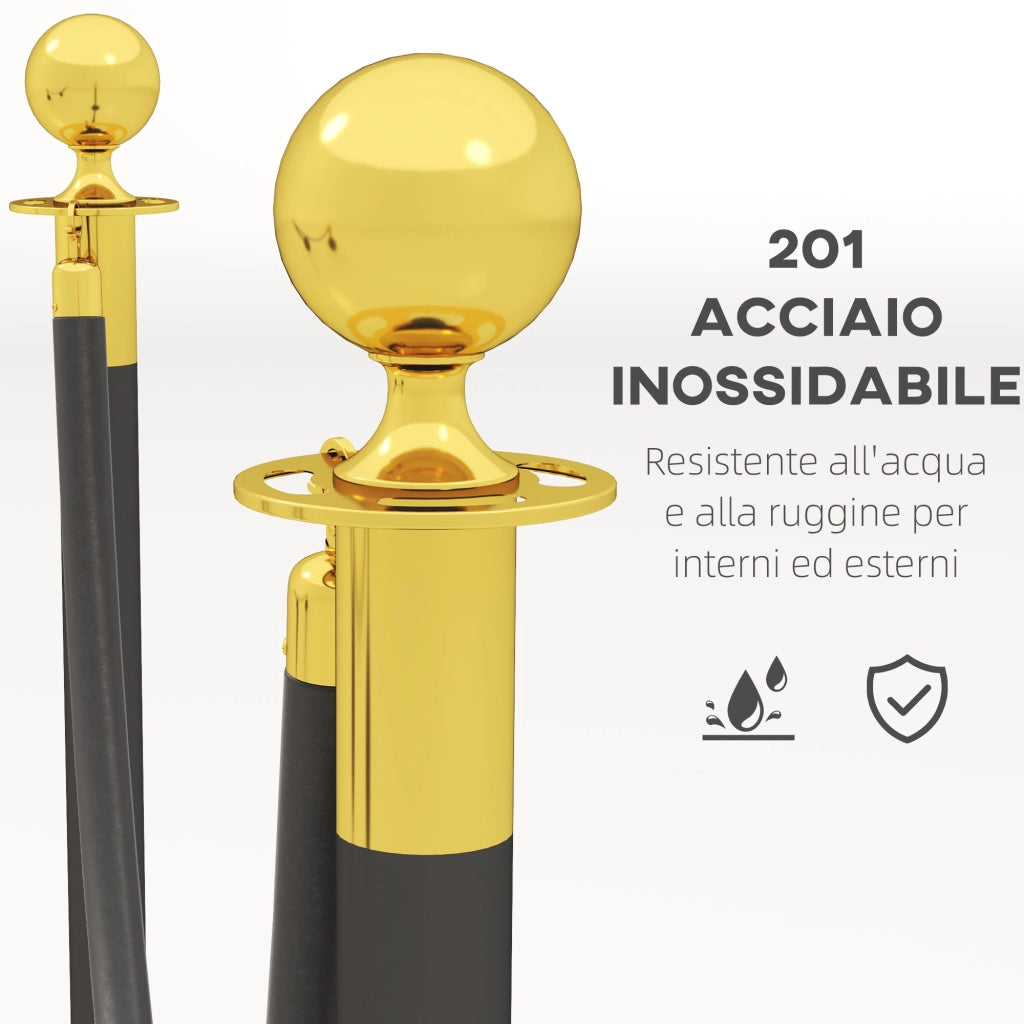 Colonnine Segnapercorso con Corda Vellutata Base Riempibile in Acciaio Inox Ø32x96 cm Nero e Oro