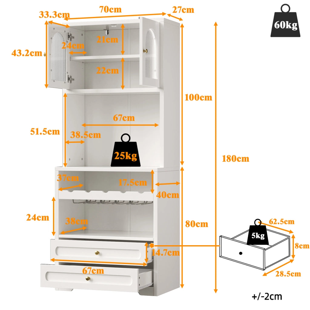 Dispensa alta con ante in vetro, LED, ripiani regolabili, portabottiglie, USB, per cucina e soggiorno, bianco