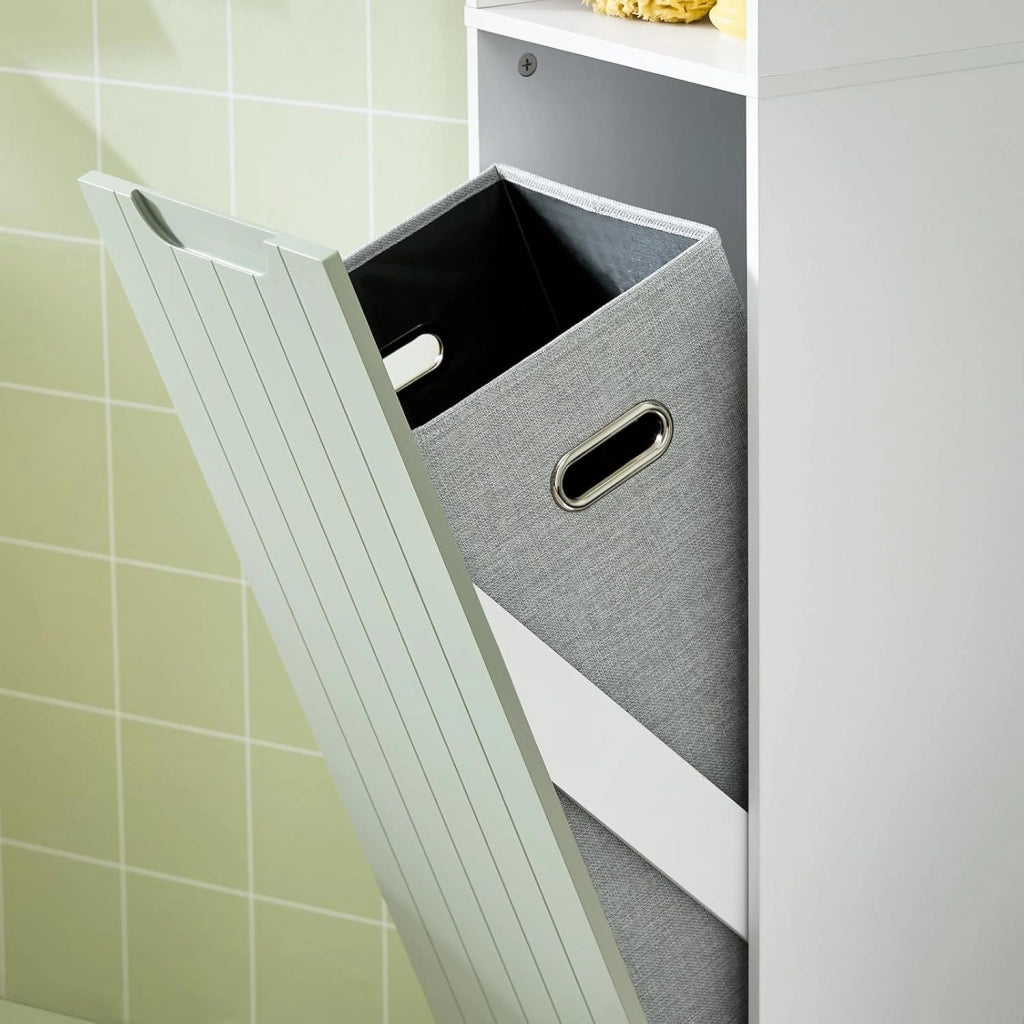 Mobile Alto Bagno Salvaspazio con Sacco Portabiancheria – Colonna Bagno Stretta con Ripiani, Armadietto per Lavanderia, WC o Bagni Piccoli, Bianco e Verde, 167x31x30cm, BZR137-GR
