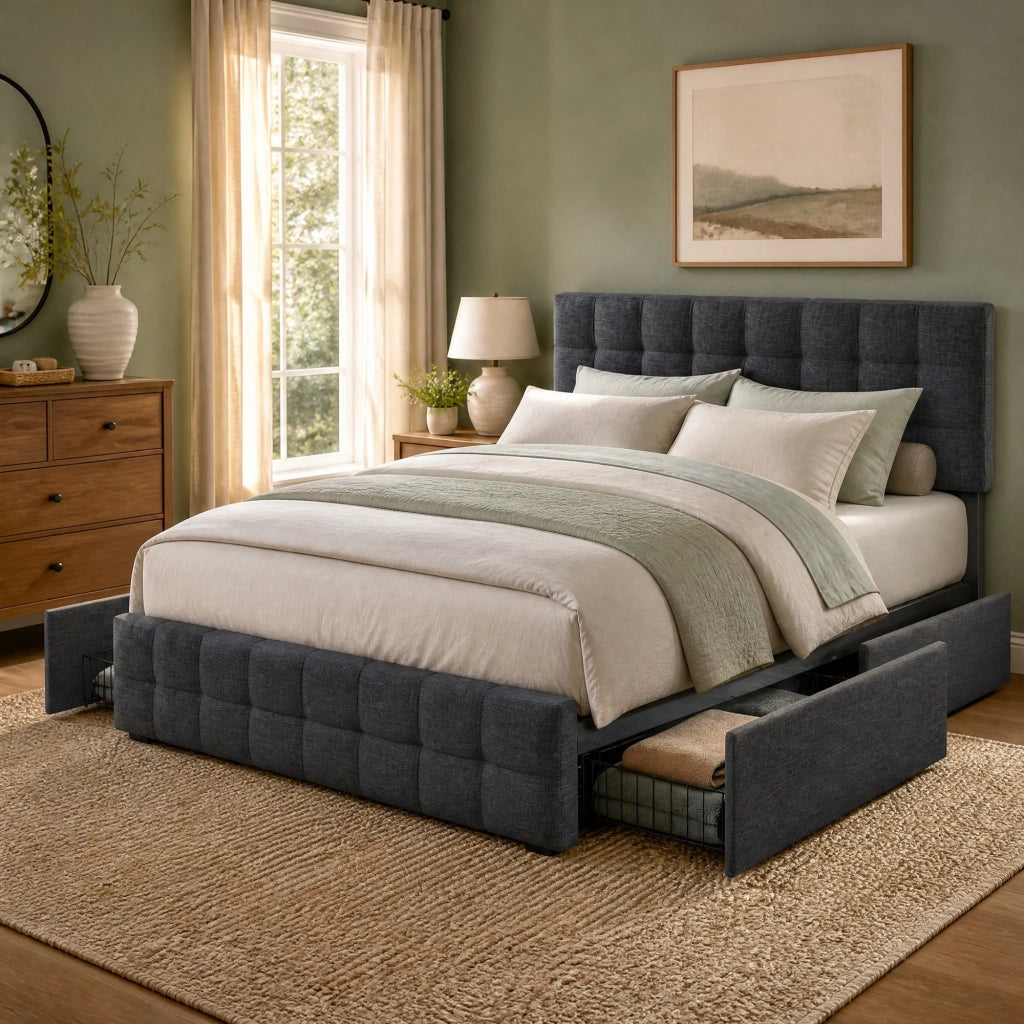 LETTO Contenitore 140x200 cm Grigio in Lino con materasso incluso