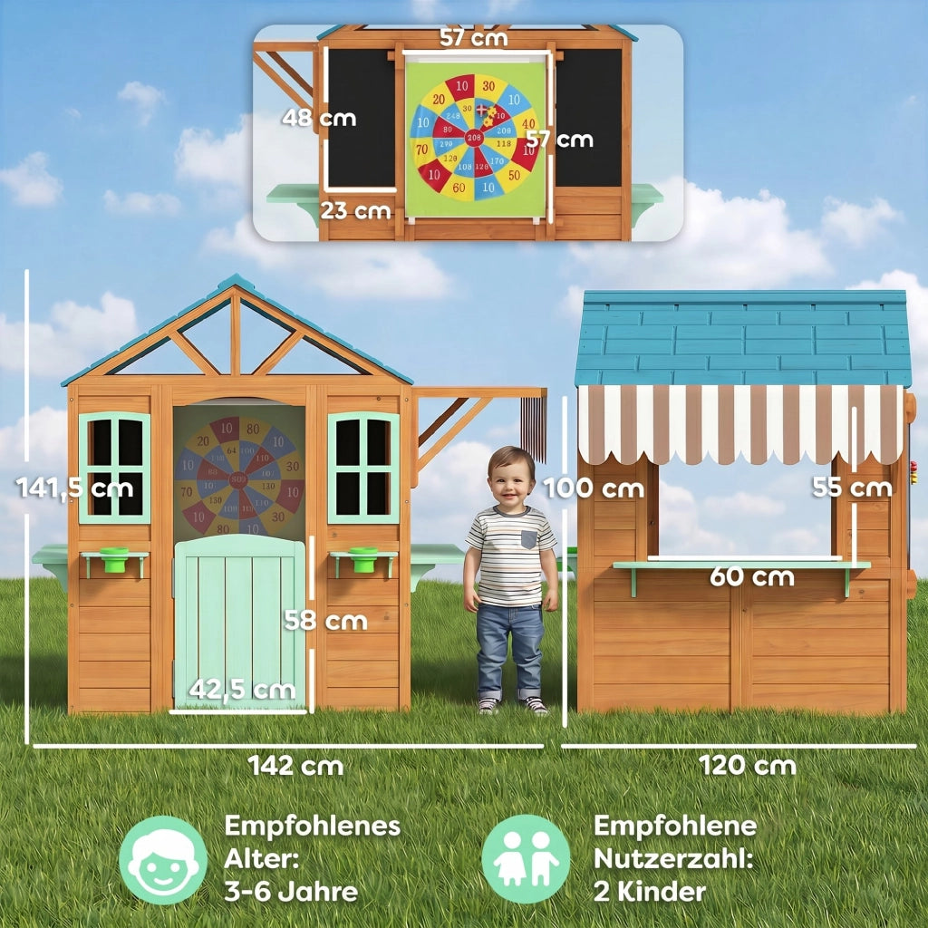 Casetta per Bambini Giardino con Bancone Fioriera Lavagna Bersaglio ¨C zephmum ¨C 142x120x141.5 cm Multicolore
