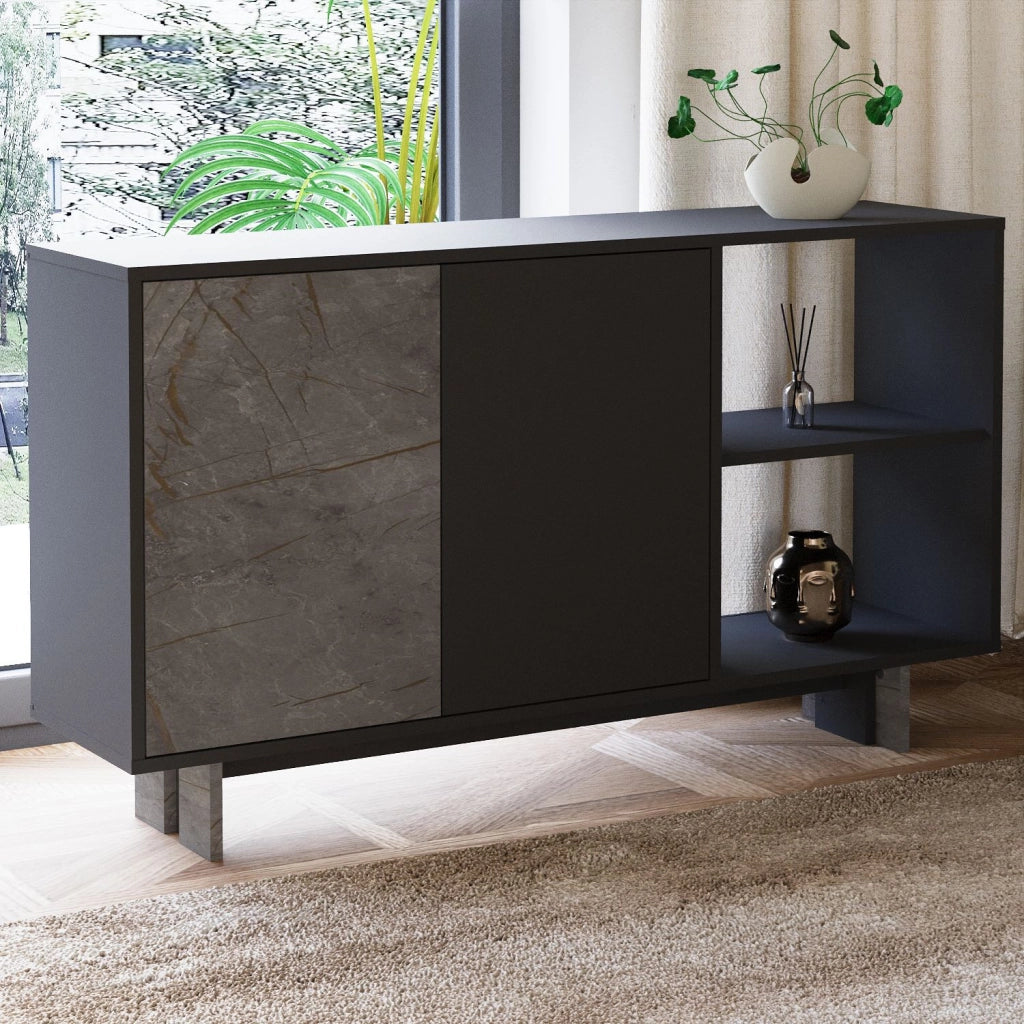 Credenza in legno "Ravello" - 140 x 35 x 80 cm - Grigio antracite marmorizzato