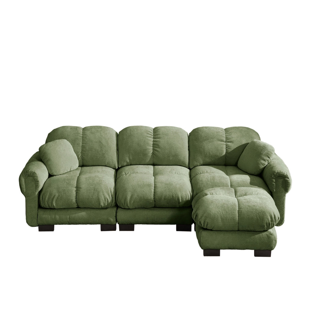 Divano modulare in ciniglia con pouf mobile; 260 x 149 x 90 cm; verde