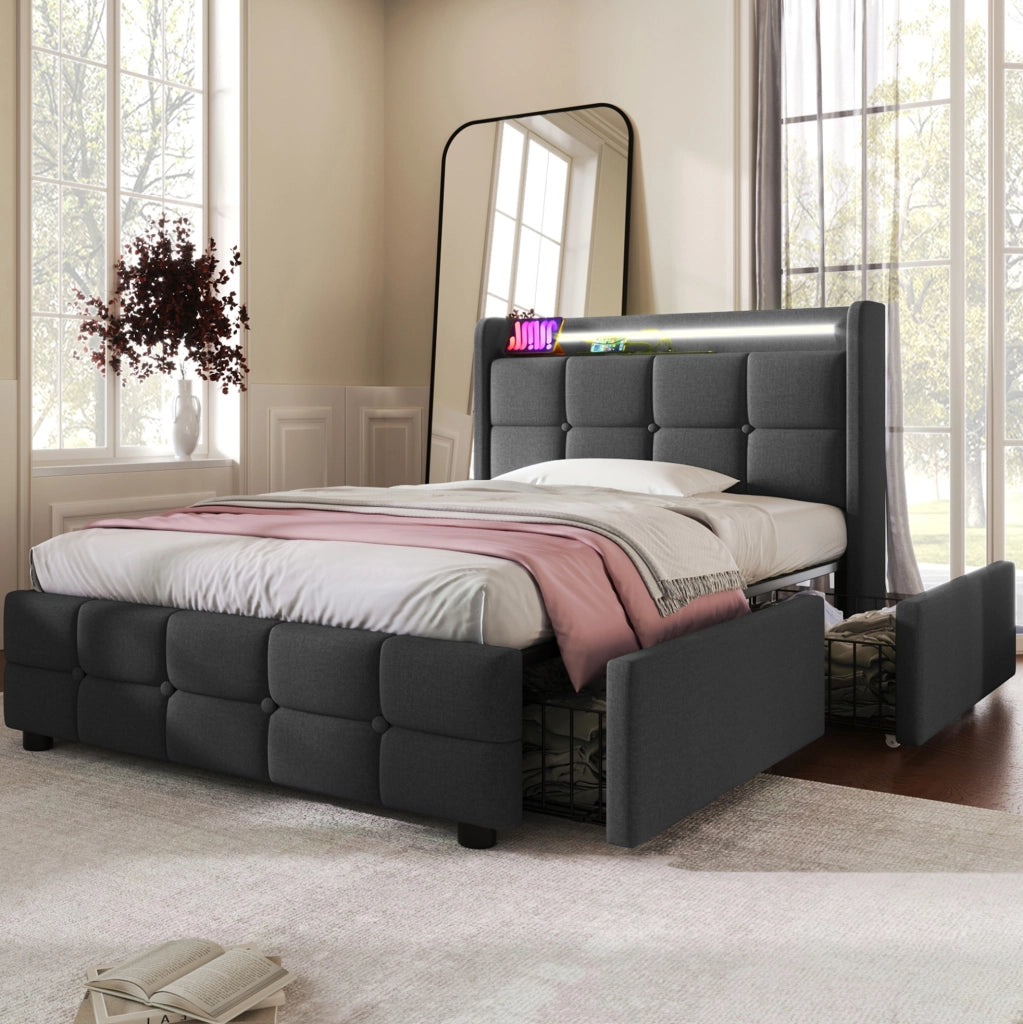 Letto singolo 90x200 cm con LED; porta USB e 2 cassetti; grigio