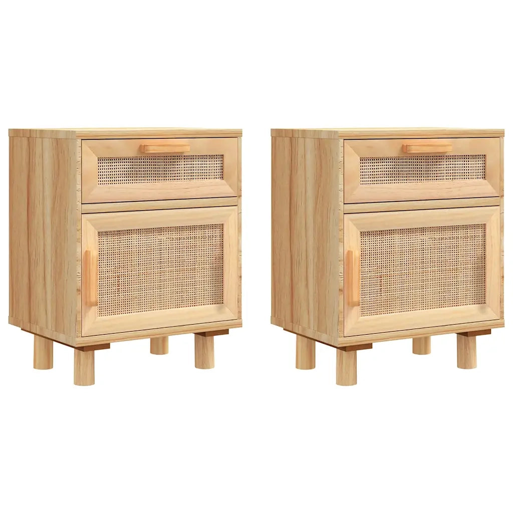 Comodini 2 pz Marroni Legno Massello di Pino e Rattan Naturale 345611