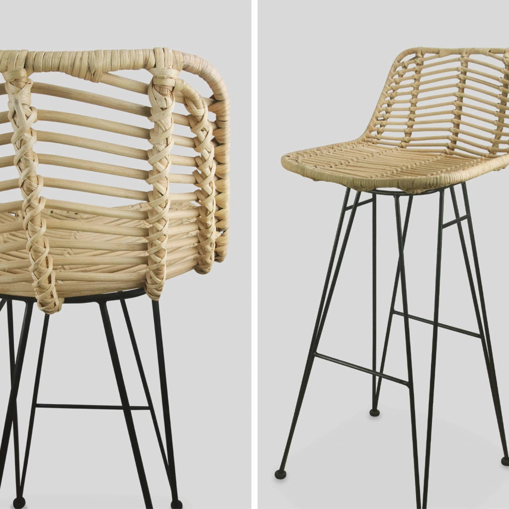 Set di 2 sgabelli da bar in metallo e rattan, beige