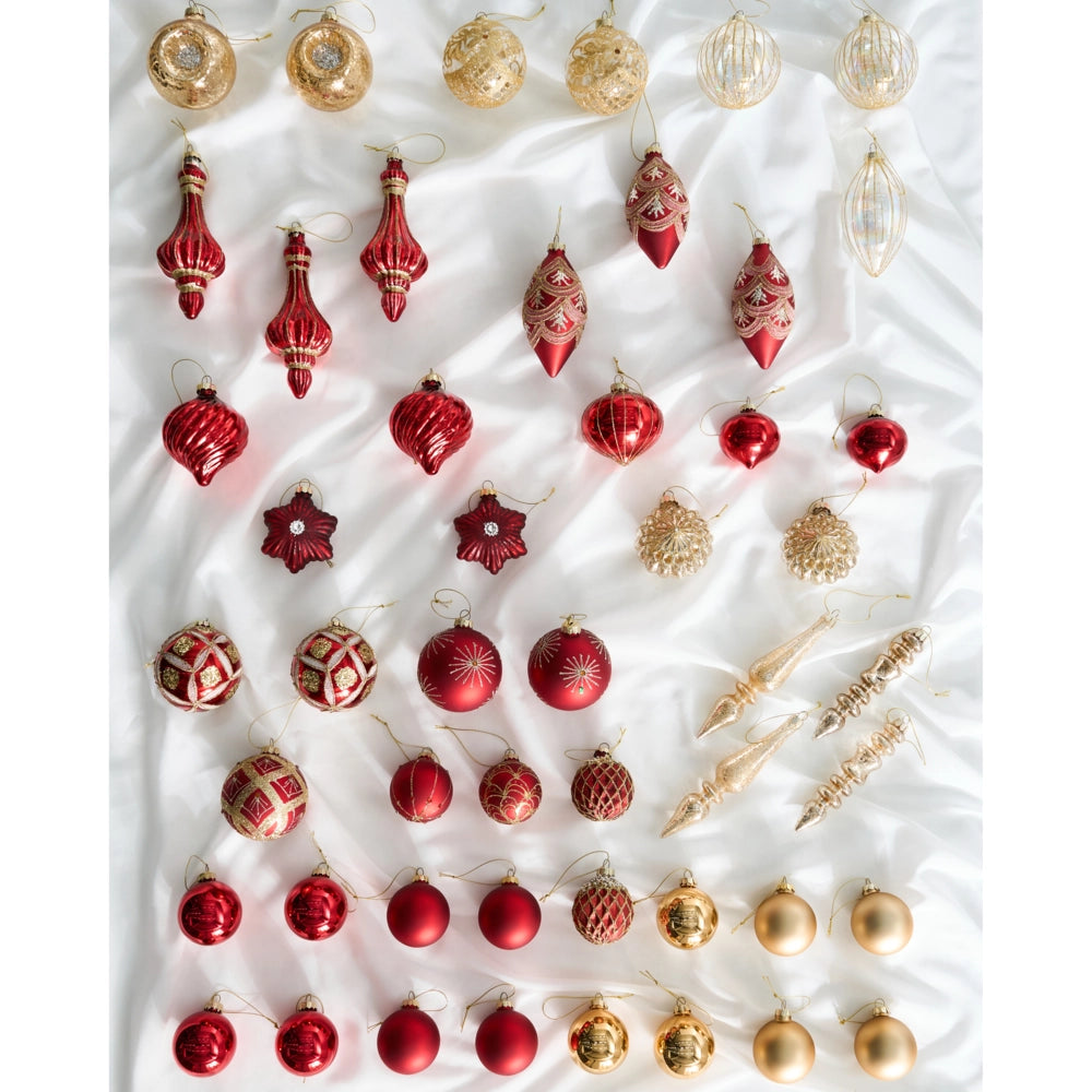 Set di 50 palline di Natale in vetro da appendere all'albero di Natale in stile tradizionale glamour rosso e oro