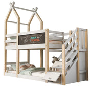 Letto a Castello 90x200 cm con Lavagna; Contenitore nella Scala e Sponda Bianca