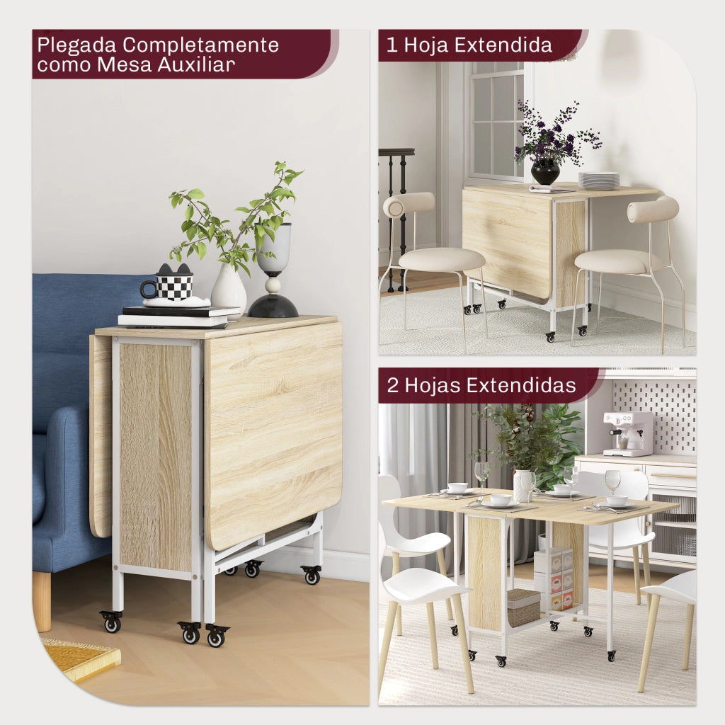 Tavolo Pieghevole con Ruote e Ripiano ¨C Zephmum ¨C 130x80x74 cm Legno Naturale