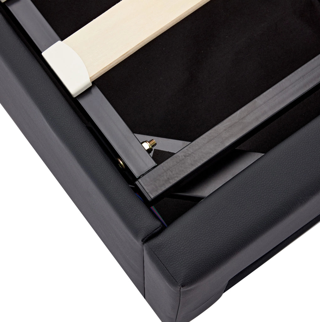 Letto imbottito 90x200 cm in PU nero con USB; LED e contenitore