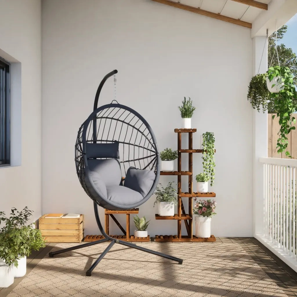 Sedia a Uovo Sospesa con Supporto Grigio in Rattan e Acciaio 4007407