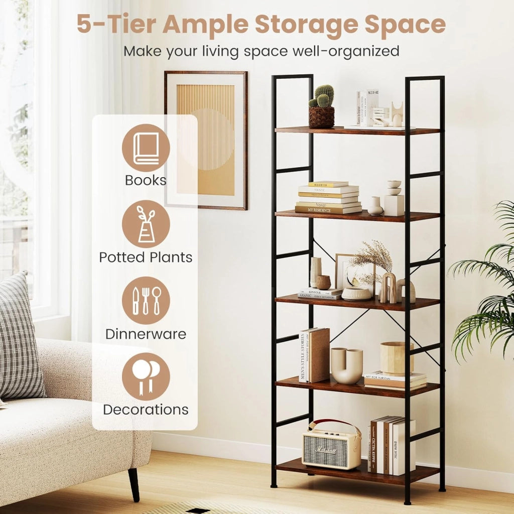 Libreria, scaffale a 5 livelli, scaffale aperto con struttura in metallo, mobile portaoggetti in stile industriale, per soggiorno, camera da letto, ufficio, 60 x 30 x 160 cm