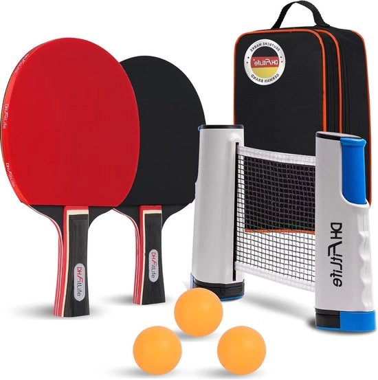Kit di tennis tavolo per 2 giocatori con rete estraibile e 3 palline da tennis, 2 rackets e borsa con rete e accessori