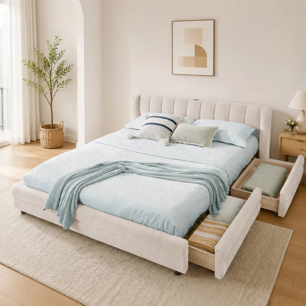Letto matrimoniale 140x200 cm con 4 cassetti; USB e Type C; in tessuto Chenille beige