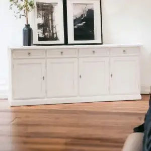 Credenza madia buffet in legno Shabby chic mod Martini bianca 4 ante con ferramenta argentata