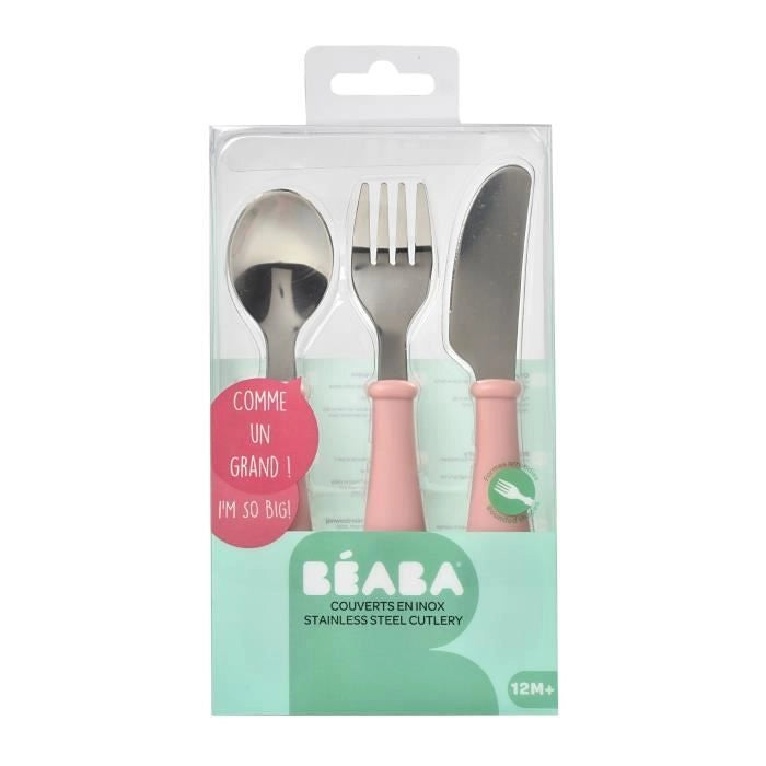 BEABA Set di 3 vecchie posate in acciaio rosa