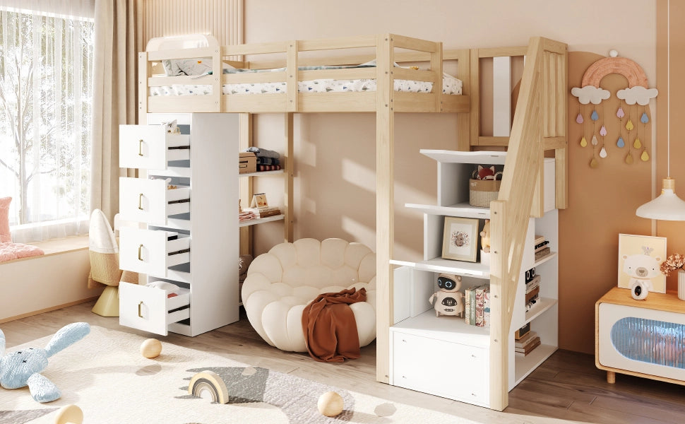 Letto a soppalco 90 × 200 cm con 4 cassetti, scaffale a 3 ripiani e scala con vano, senza materasso, in legno naturale