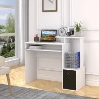Scrivania Moderna con Mensola per Tastiera e Cassetto in Tessuto, 100x40x86.6cm, Bianco e Nero