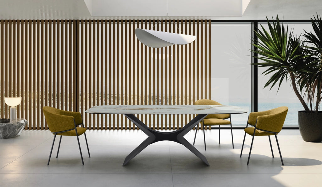 Tavolo Fisso Atlas con Piano in Ceramica Calacatta Oro Lucido e Base in Metallo - Stones