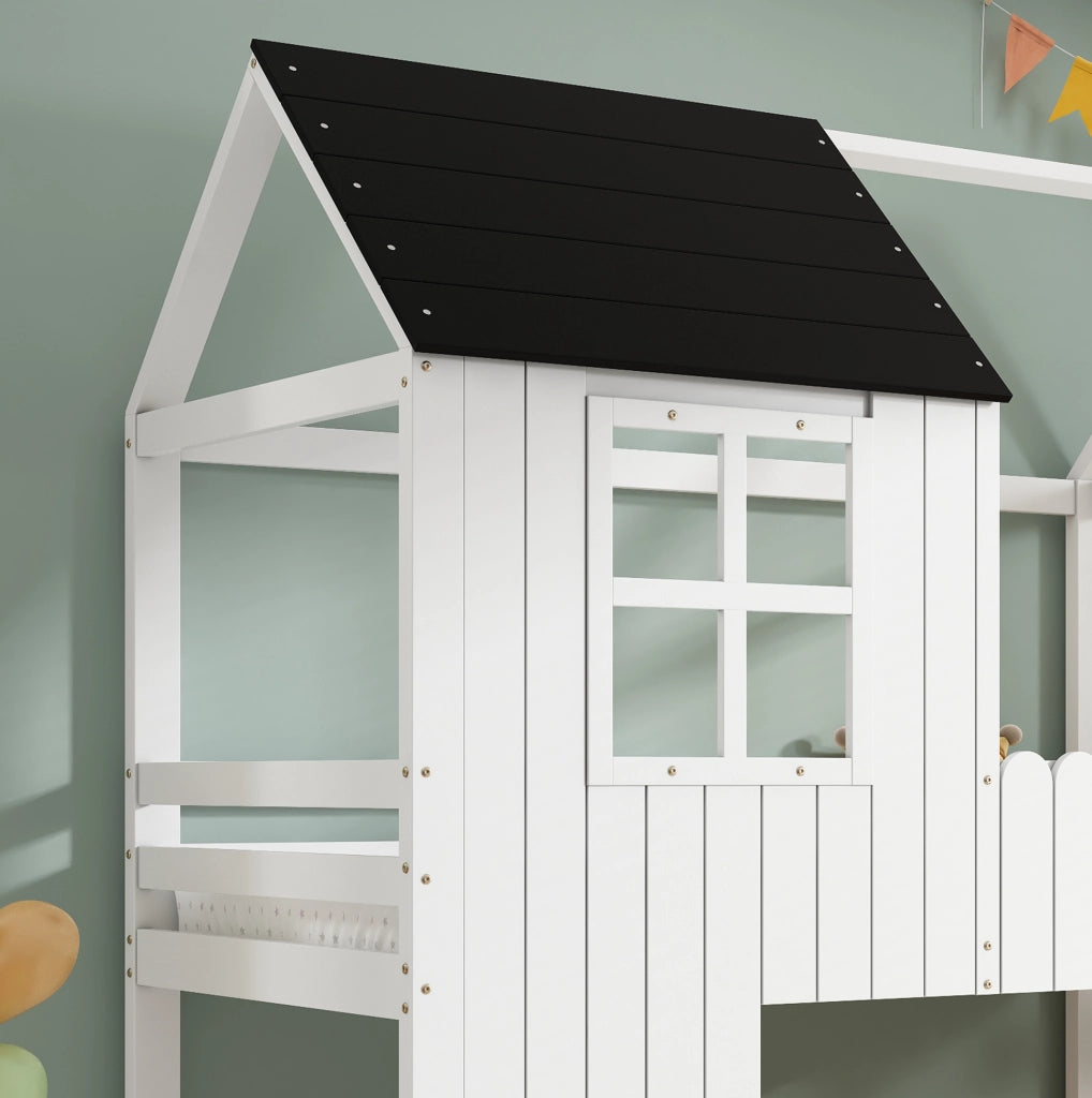 Letto a soppalco per bambini a casetta 90x200 cm bianco nero