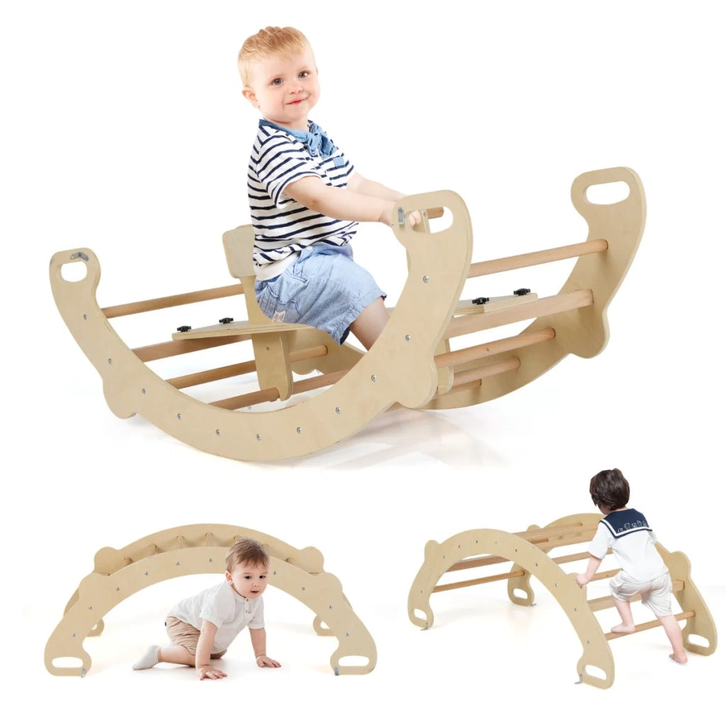 Arco da arrampicata e cavallo a dondolo 112 x 52 x 44 cm 4 in 1 divertente ed educativo stile naturale legno di faggio 20_0010191