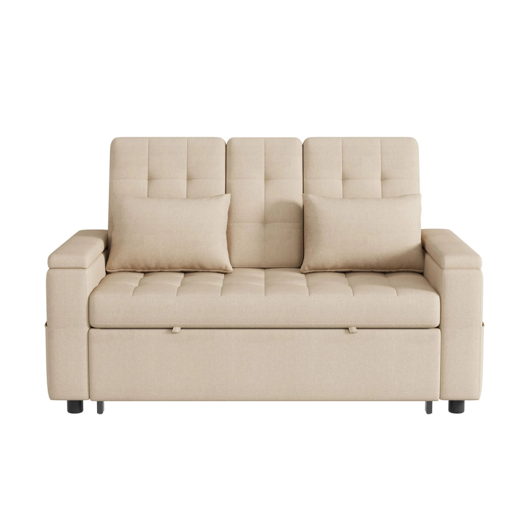 divano letto 2 posti con schienale regolabile; vani laterali e 2 cuscini; cotone e lino beige
