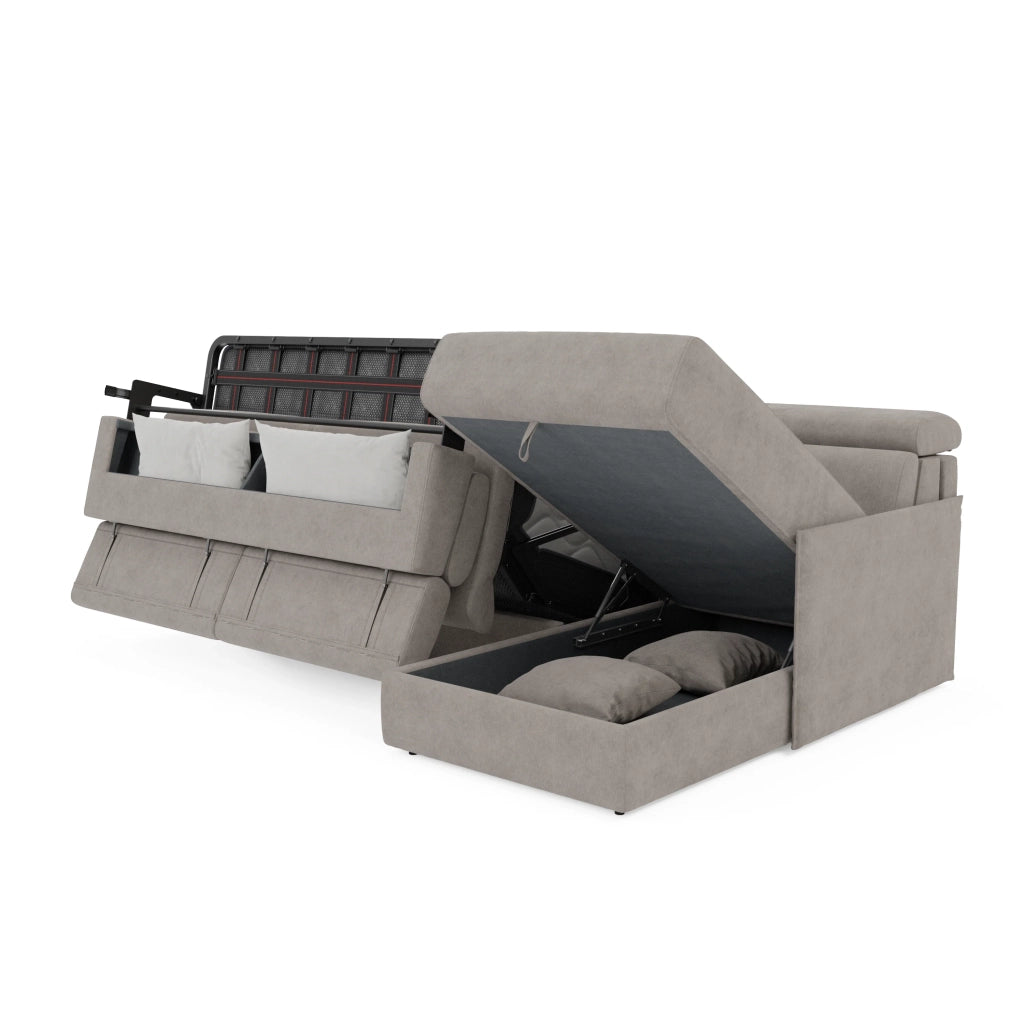 Miryam divano letto angolare compatto - poggiatesta reclinabili e penisola contenitore in tessuto smacchiabile T31 272 cm destro grigio perla