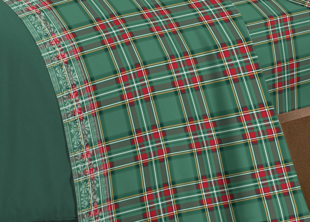 Completo Lenzuola Linea Pensieri Delicati 100% Cotone Disegno Orsetto Tartan - Singolo - Verde