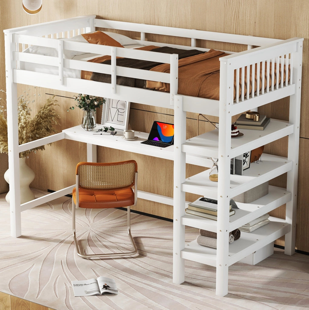 Letto a soppalco 90x200 cm con scrivania e ripiani; legno; bianco (Senza materasso)