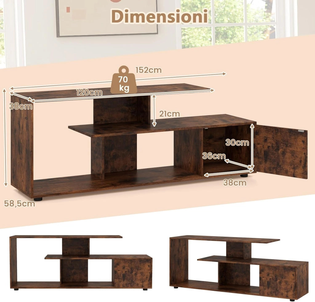 Mobile Porta TV, per TV Fino a 55'', Console Media a 3 Ripiani Asimmetrici con Ripiani di Stoccaggio e Armadietto, Mobile TV con Cassetto, 5 Gambe di Supporto (Industriale)