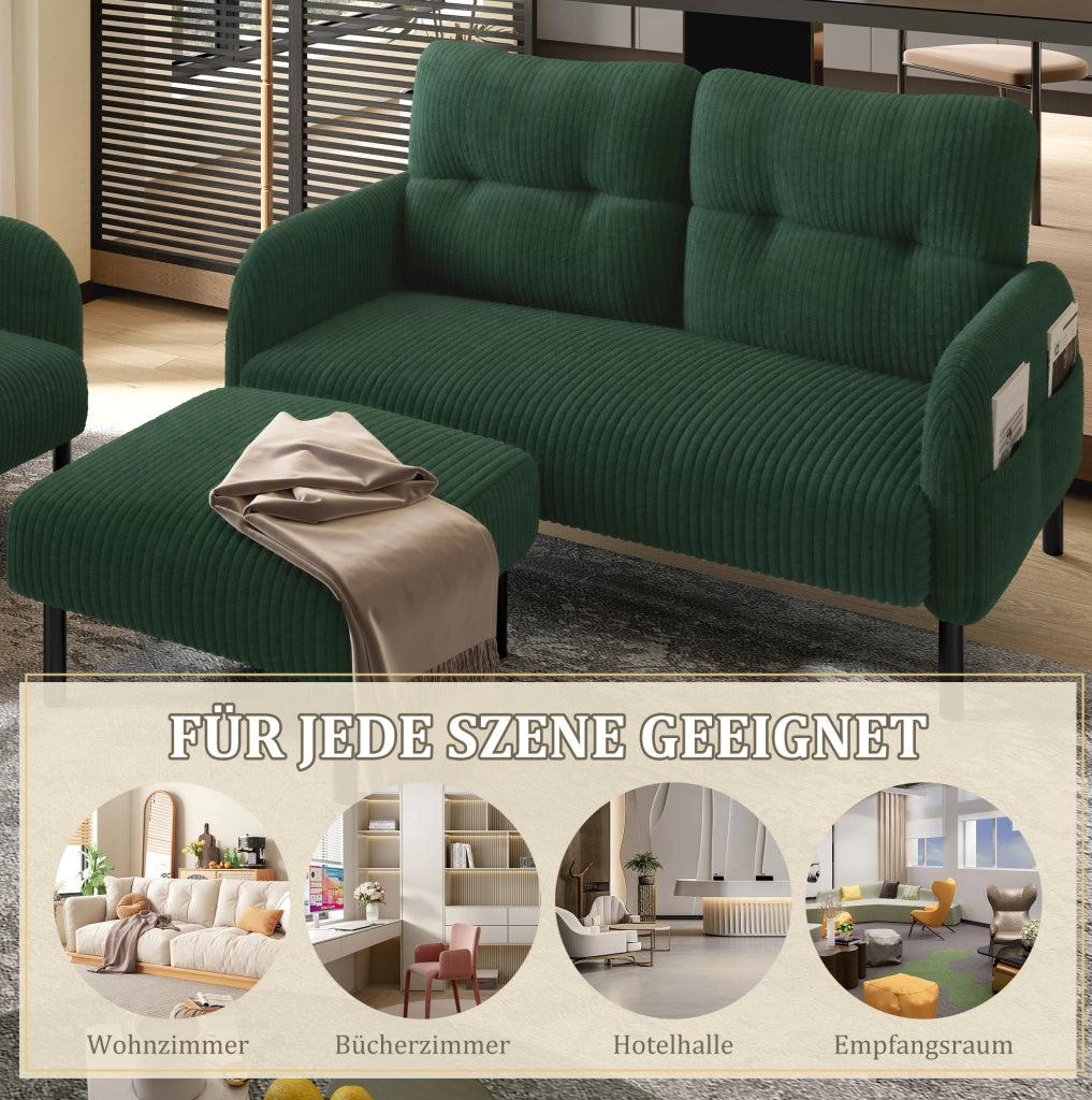 Set salotto 3 pezzi in corduroy verde smeraldo con divano 2 posti; poltrona e pouf