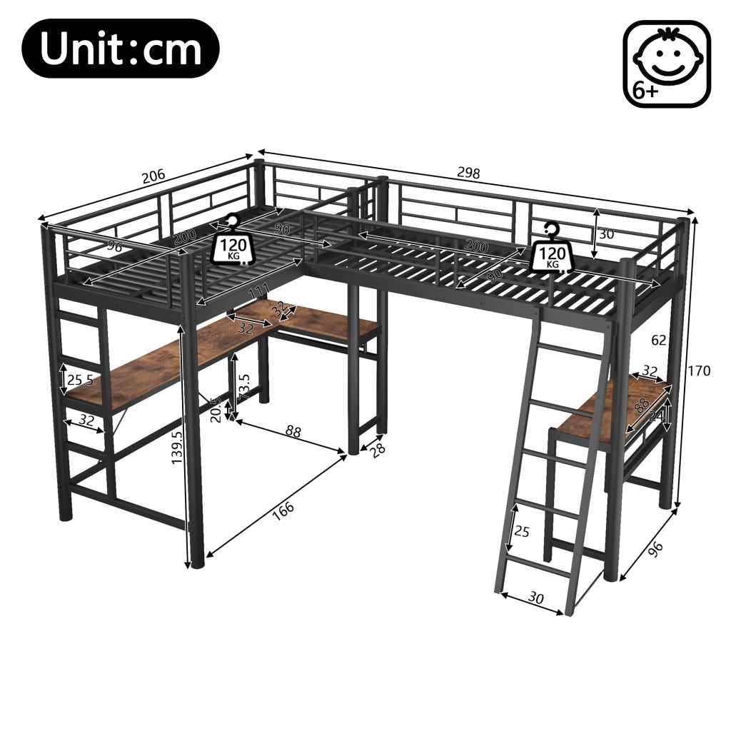 Letto a soppalco 90 × 200 cm 1 posto con scrivania; scala e barriera alta; senza materasso; in metallo e MDF; nero