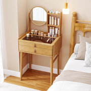 Toeletta da Trucco con Specchio Girevole, Tavolo da Toeletta con 2 Cassetti, Ripiani Aperto, Piano in Vetro, Consolle Trucco in Bambù per Camera da Letto, Soggiorno (1, Senza Sgabello)