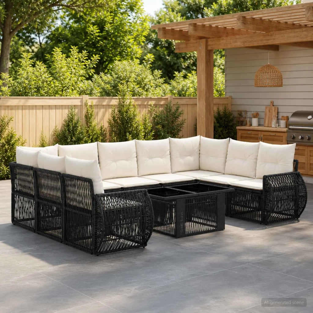 Set Divano da Giardino 10 pz Nero e Bianco Crema polyrattan 3436990