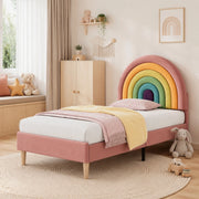 Letto imbottito 90x200 cm in velluto rosa con rete a doghe, testiera regolabile e struttura stabile