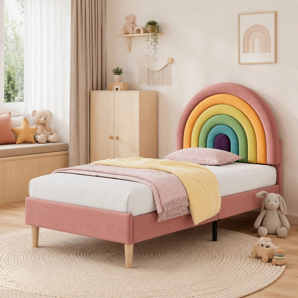 Letto imbottito 90x200 cm in velluto rosa con rete a doghe, testiera regolabile e struttura stabile