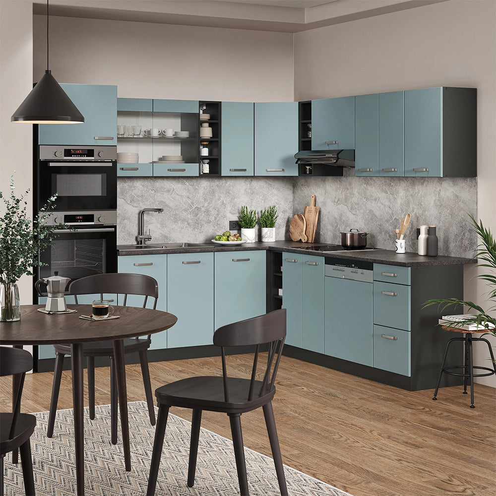 Vicco Cucina angolare completa Blu-grigio/antracite 237 x 60 cm senza piano di lavoro