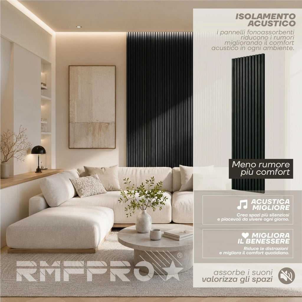 RMF PRO Set 4 Pannelli Decorativi Parete Legno Fonoassorbenti Rovere Nero 240x60 cm (5,76 m²) – Rivestimento Acustico a Listelli MDF Moderno per Casa, Studio e Ufficio