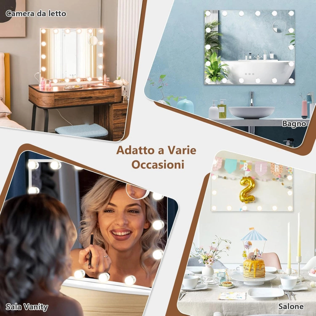 Specchio Trucco con 18 Luci, Specchio Rettangolare per Bagno con Interruttore a Sfioramento, Luce LED a 3 Colori, Luminosità Regolabile, 65 x 52,5 cm