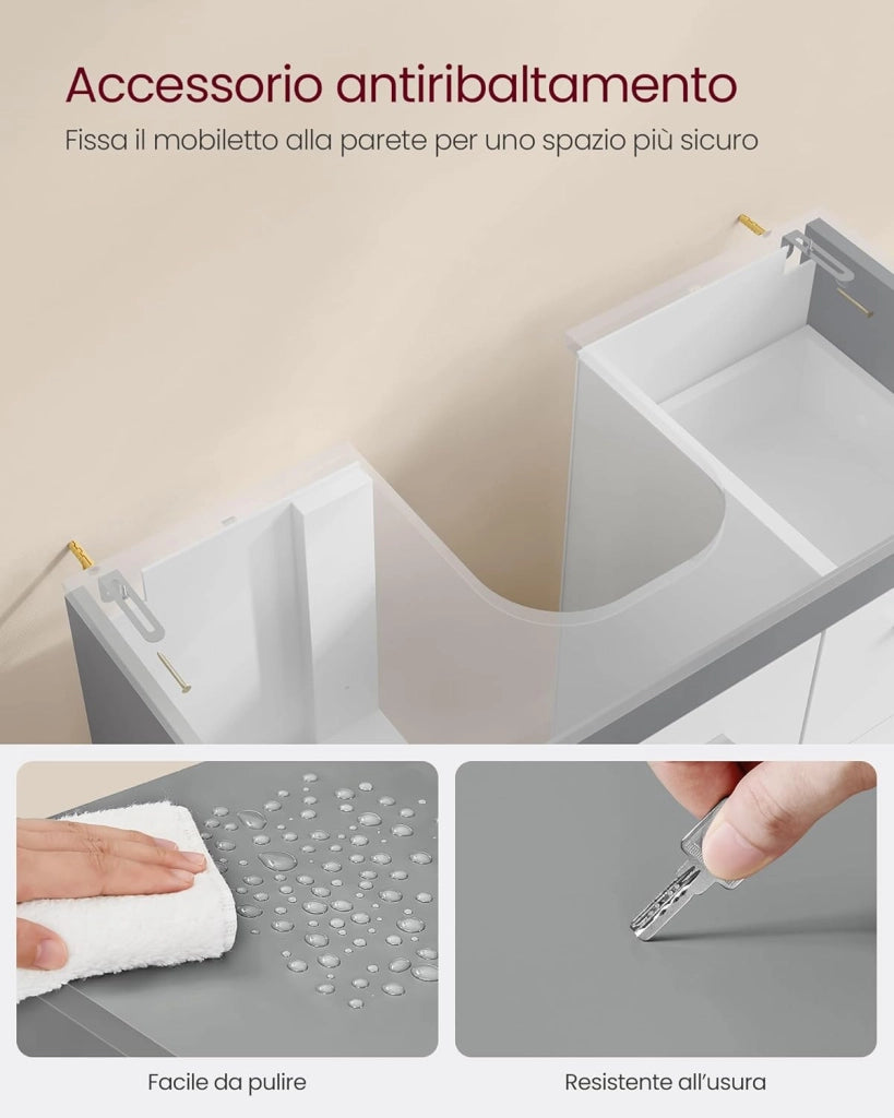 VASAGLE Mobile Sottolavabo per Bagno, Mobiletto da Bagno, 3 Cassetti Laterali, 2 Scomparti dietro l'Anta, per Lavabi con Colonna, con Piedini, 30 x 70 x 64 cm, Bianco Nuvola e Grigio Tortora BBK504W02
