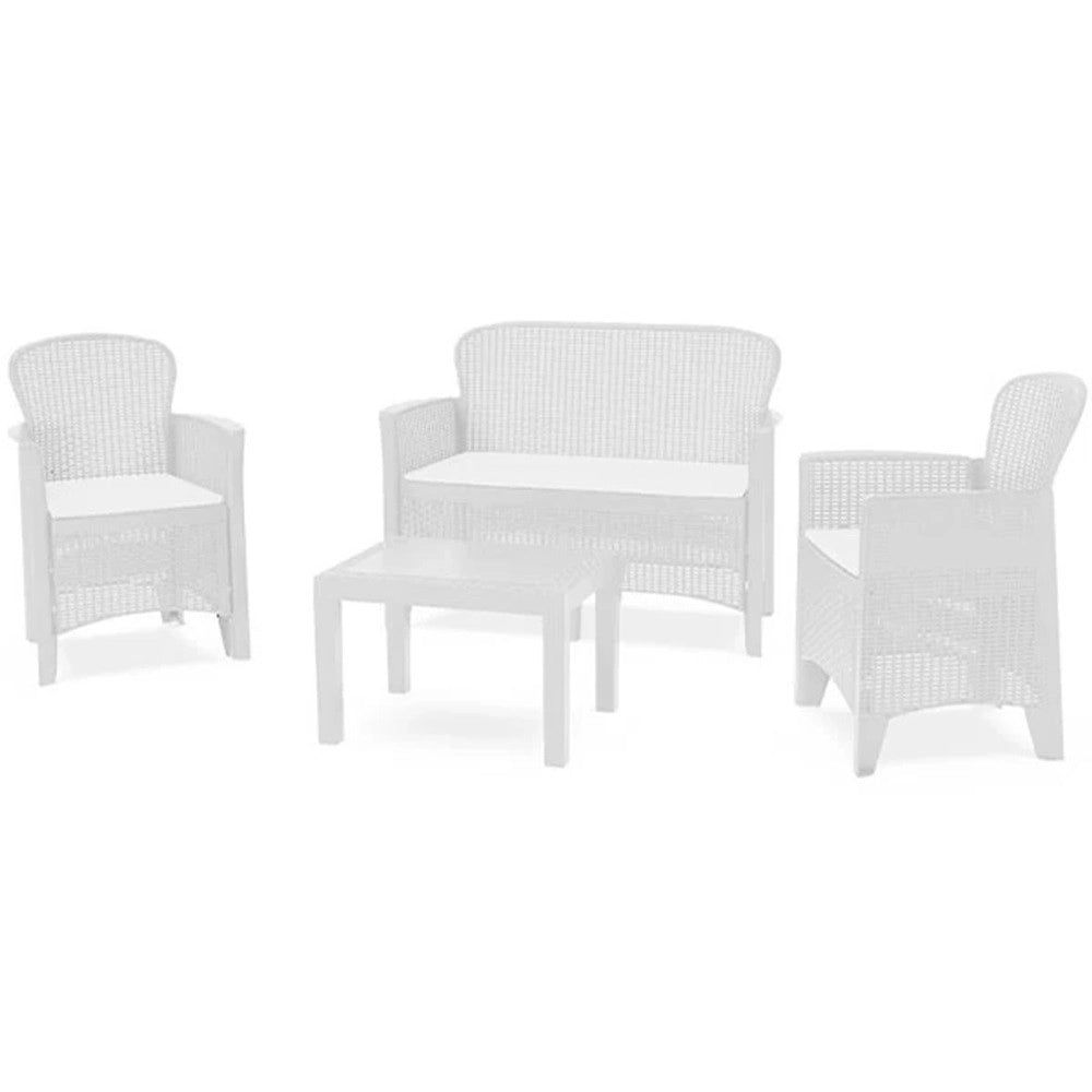 Trade Shop - Set Salotto Giardino Con Divano 2 Poltrone Tavolino Cuscini Effetto Rattan Bianco 156036 -