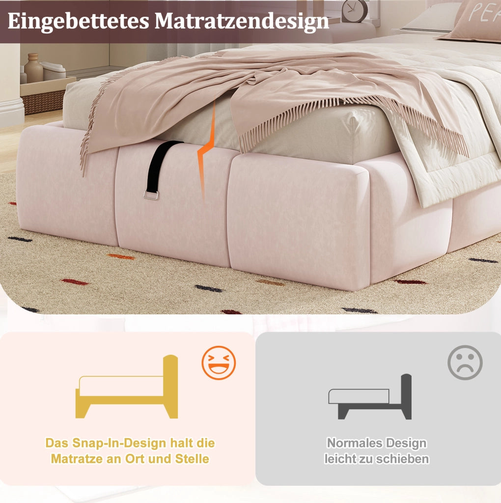 Letto singolo imbottito 90x200 cm in velluto rosa con contenitore; rete e porta USB