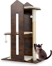 Albero per Gatti Alto 120 cm, Tiragraffi per Gattini in Legno con Posti Graffianti in Sisal, Palline Pendenti, Cuscini Morbidi e Piazzola, Tiragraffi Gatto per Arrampicata