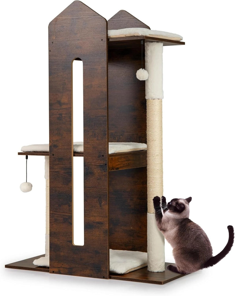 Albero per Gatti Alto 120 cm, Tiragraffi per Gattini in Legno con Posti Graffianti in Sisal, Palline Pendenti, Cuscini Morbidi e Piazzola, Tiragraffi Gatto per Arrampicata